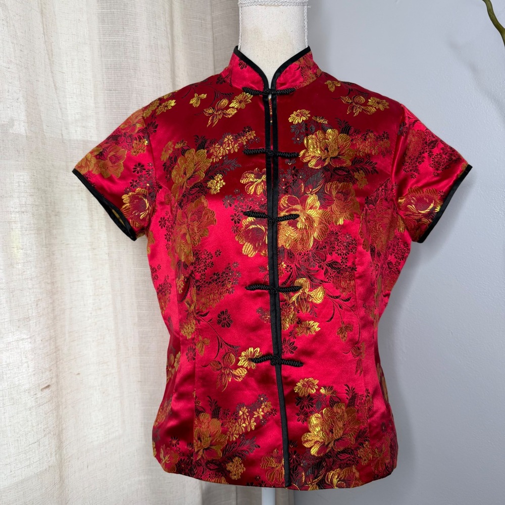Y2K 90s Vintage Robbie Bee Cheongsam Top Floral Brocade Red Gold Women's 14P